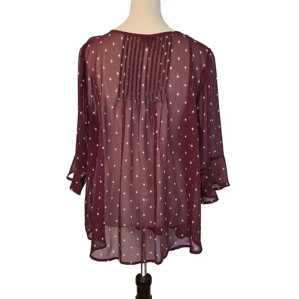 Torrid Burgundy Starburst Georgette Pleated Chiffon Blouse Boho Ruffle Slv Sz L - Picture 2 of 11